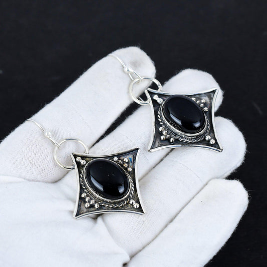 Black Onyx Gemstone Silver Dangle Earrings