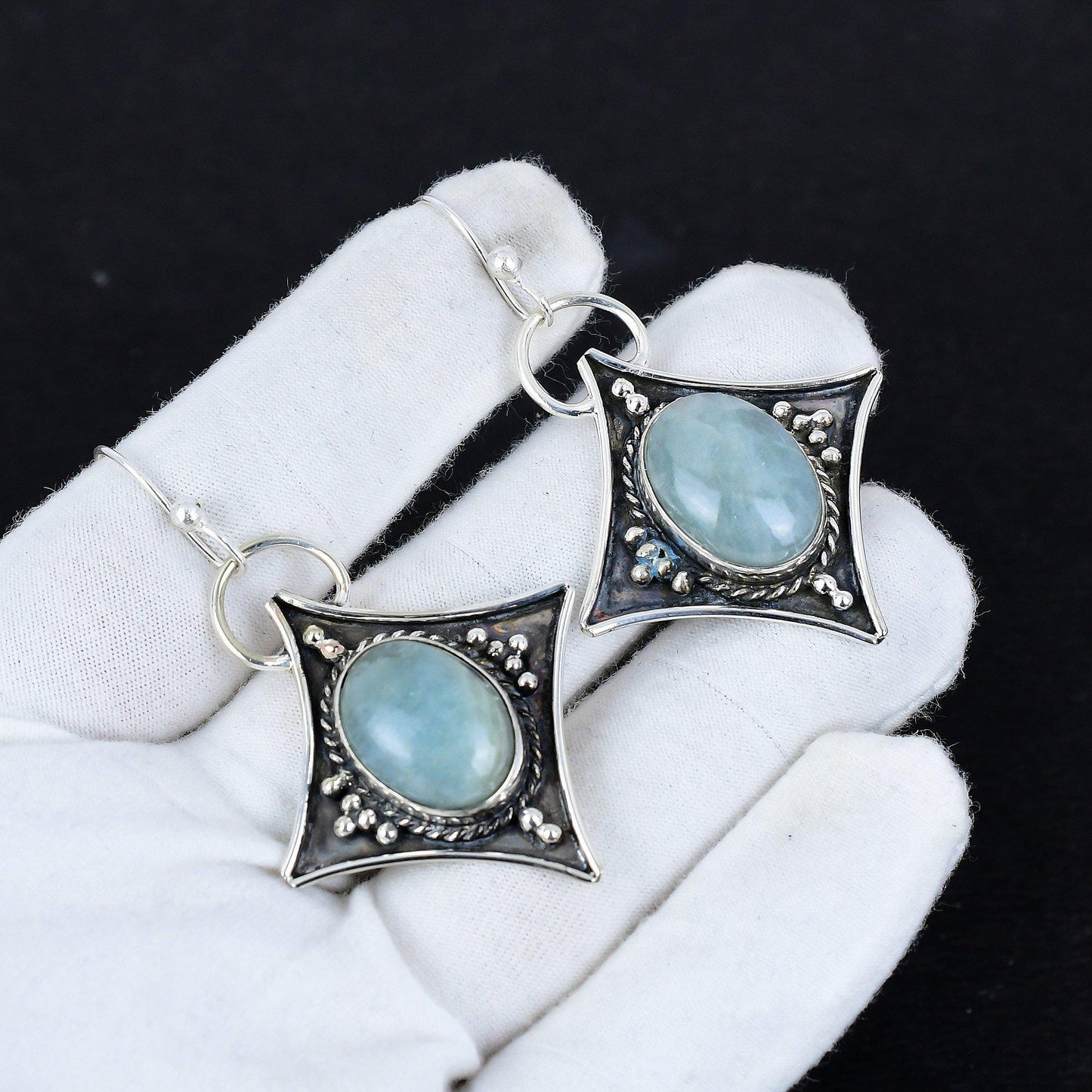 Blue Aquamarine Gemstone Dangle Earrings