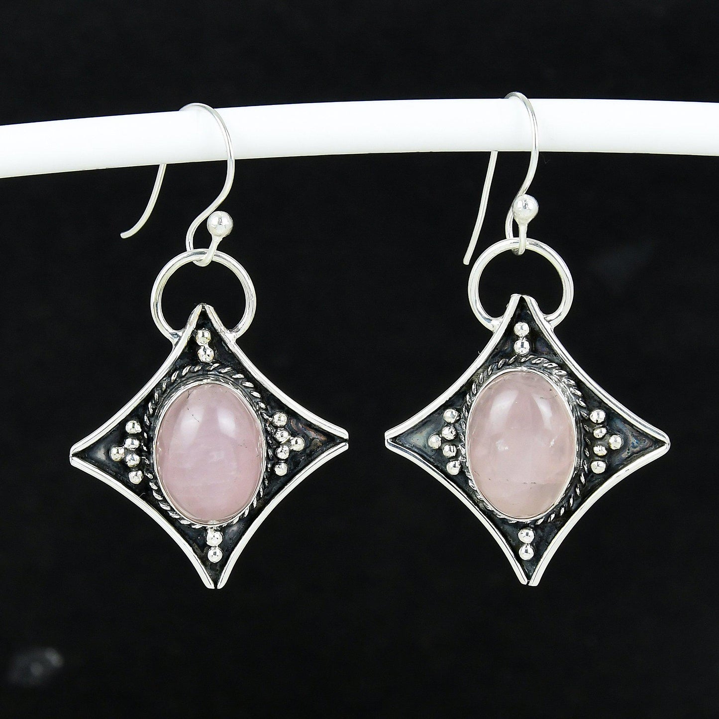 Pink Rose Quartz Gemstone Silver Dangle Earrings