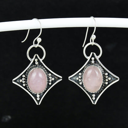 Pink Rose Quartz Gemstone Silver Dangle Earrings