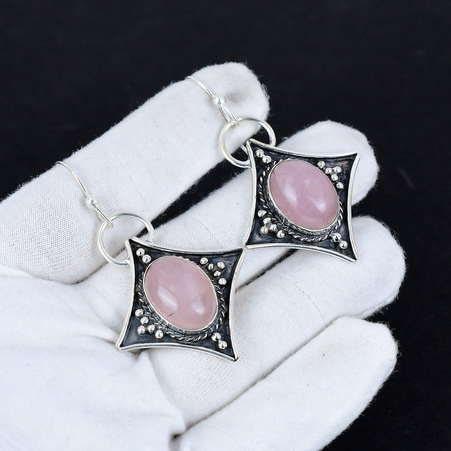 Pink Rose Quartz Gemstone Silver Dangle Earrings
