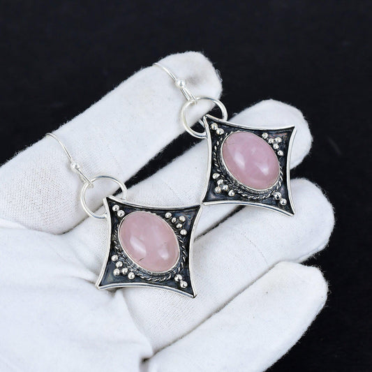 Pink Rose Quartz Gemstone Silver Dangle Earrings