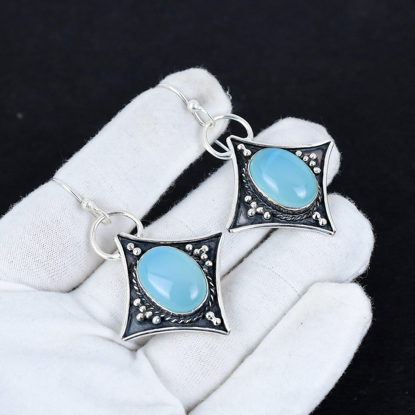 Blue Chalcedony Gemstone Dangle Earrings