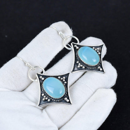 Blue Chalcedony Gemstone Dangle Earrings