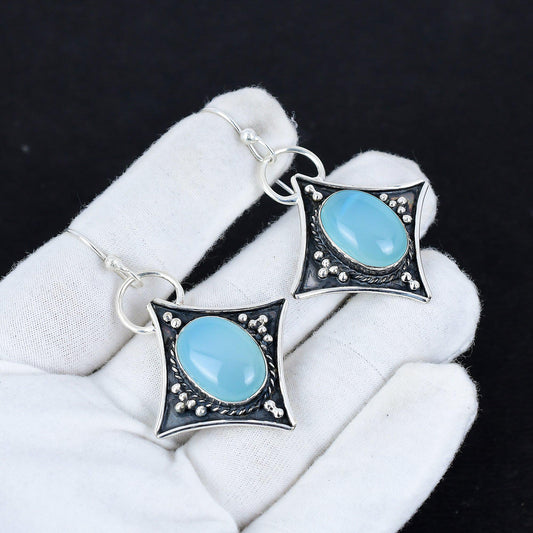 Blue Chalcedony Gemstone Dangle Earrings