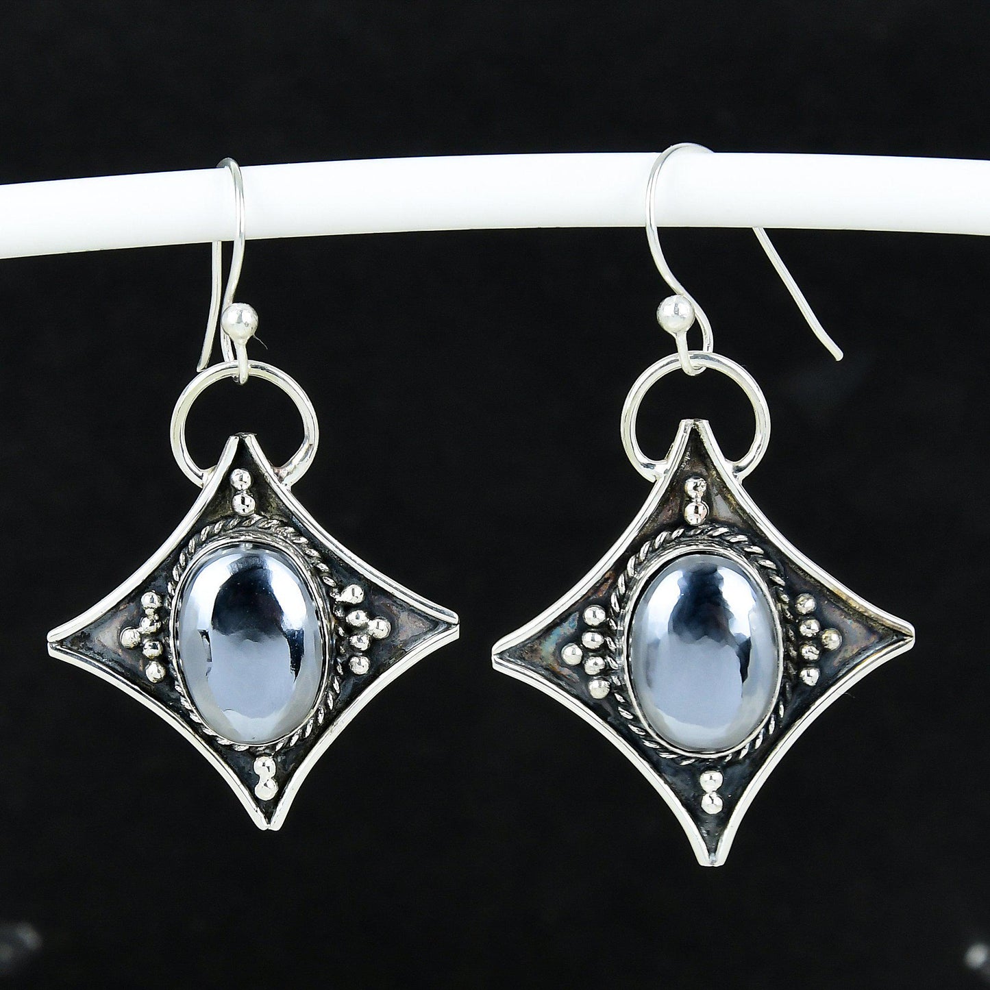 Black Shungite Silver Dangle Earrings