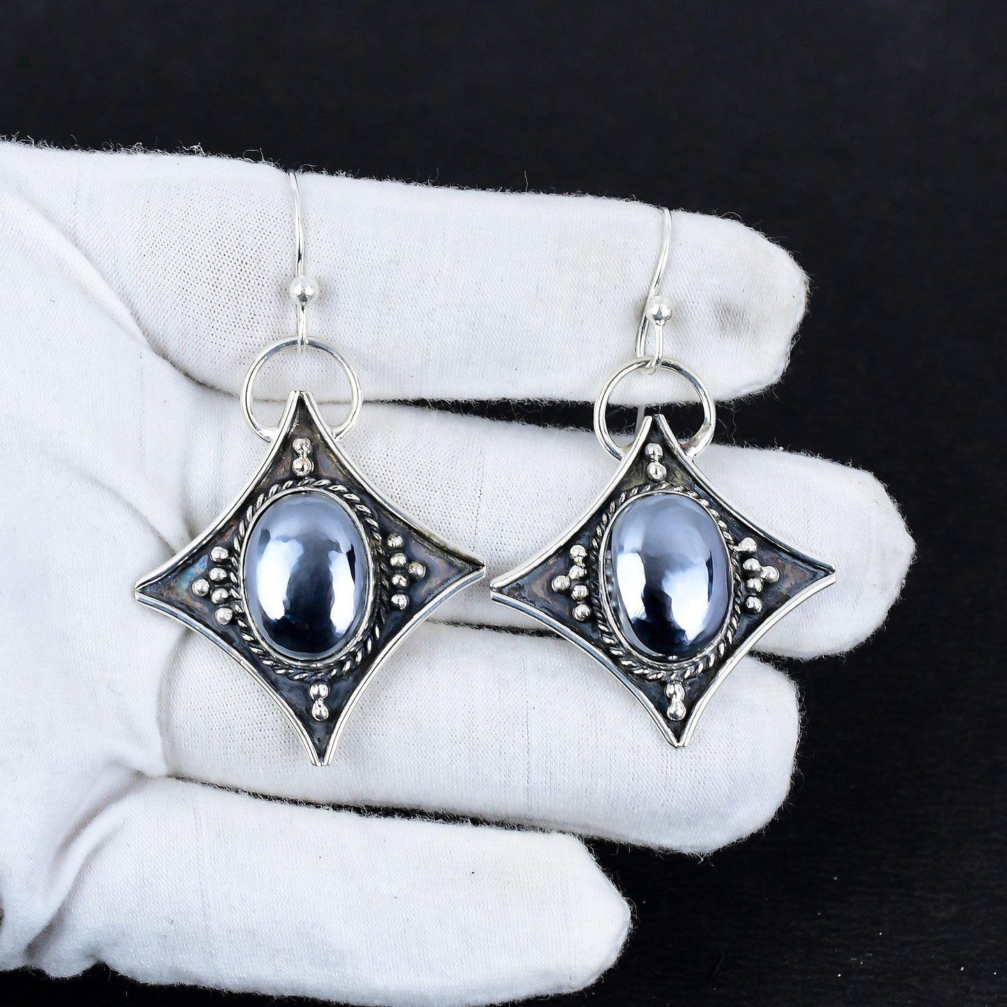 Black Shungite Silver Dangle Earrings