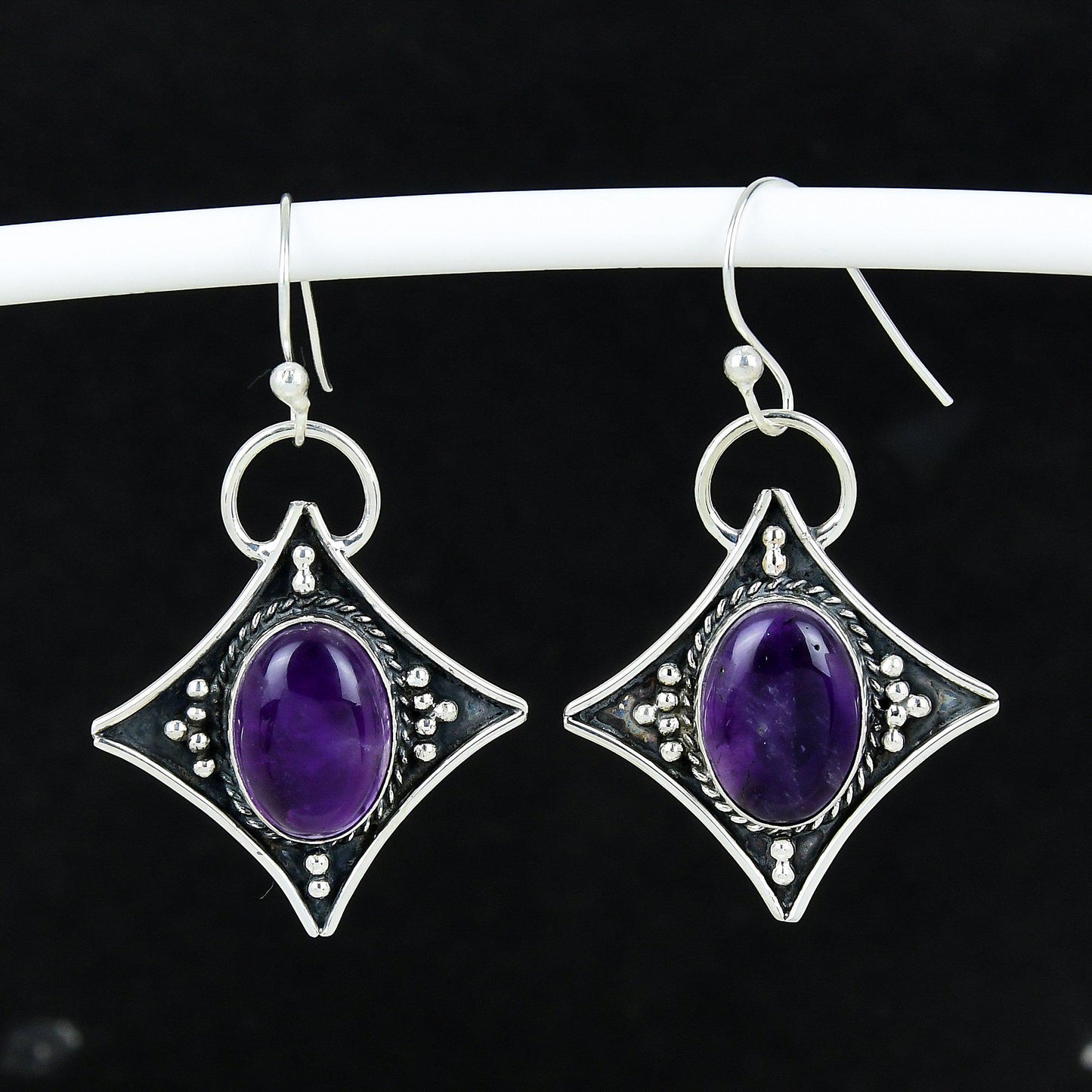 Purple Amethyst Gemstone Silver Dangle Earrings