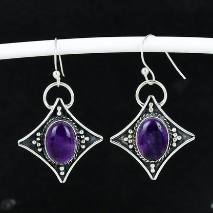 Purple Amethyst Gemstone Silver Dangle Earrings