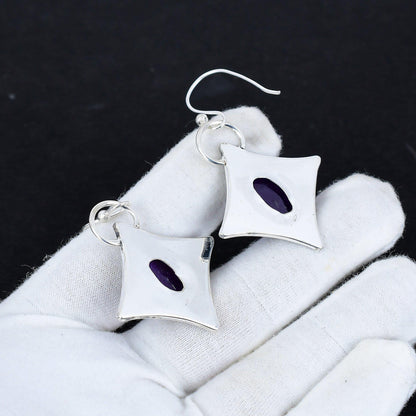 Purple Amethyst Gemstone Silver Dangle Earrings