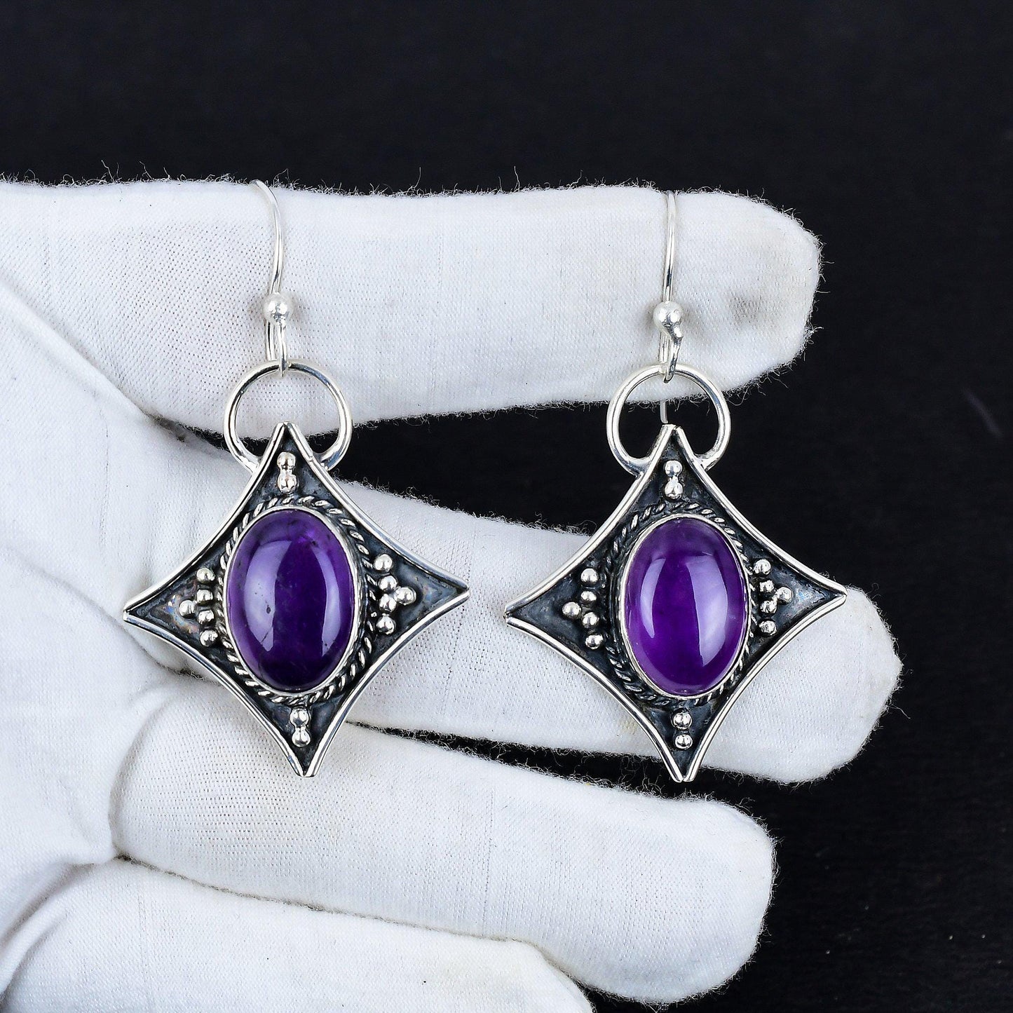 Purple Amethyst Gemstone Silver Dangle Earrings