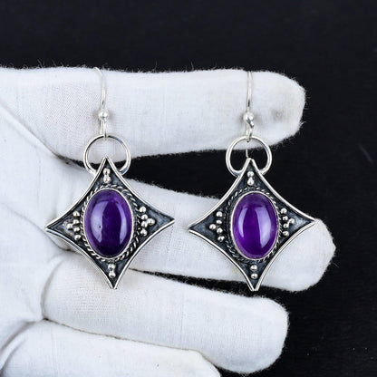 Purple Amethyst Gemstone Silver Dangle Earrings