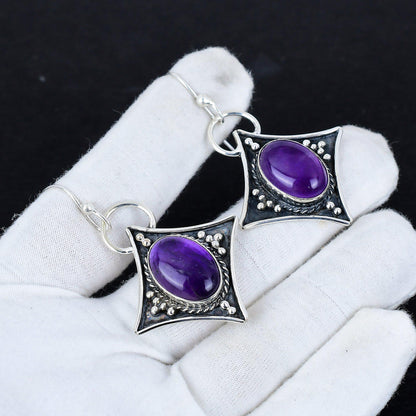 Purple Amethyst Gemstone Silver Dangle Earrings