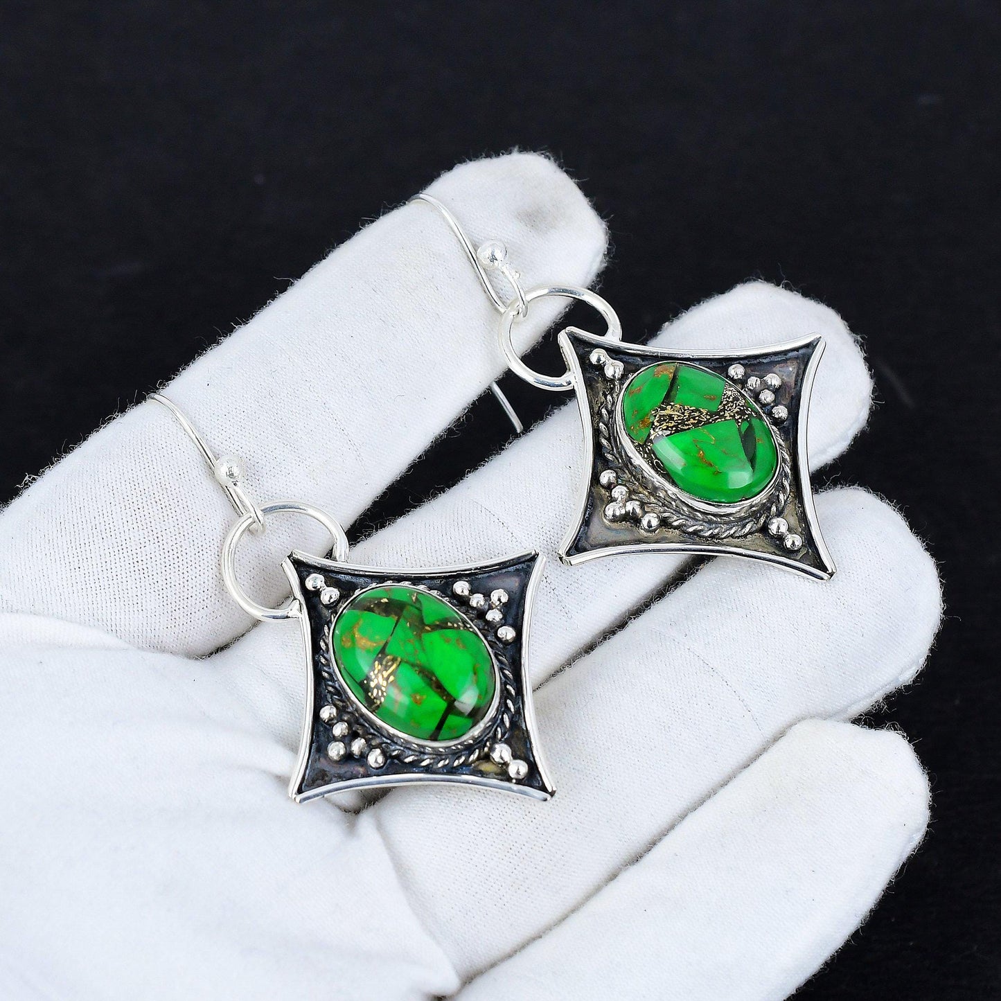 Green Copper Turquoise Gemstone Dangle Earrings