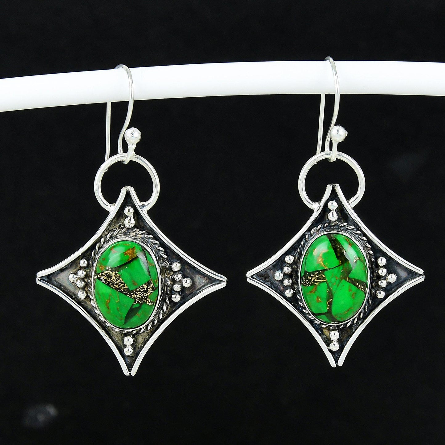 Green Copper Turquoise Gemstone Dangle Earrings