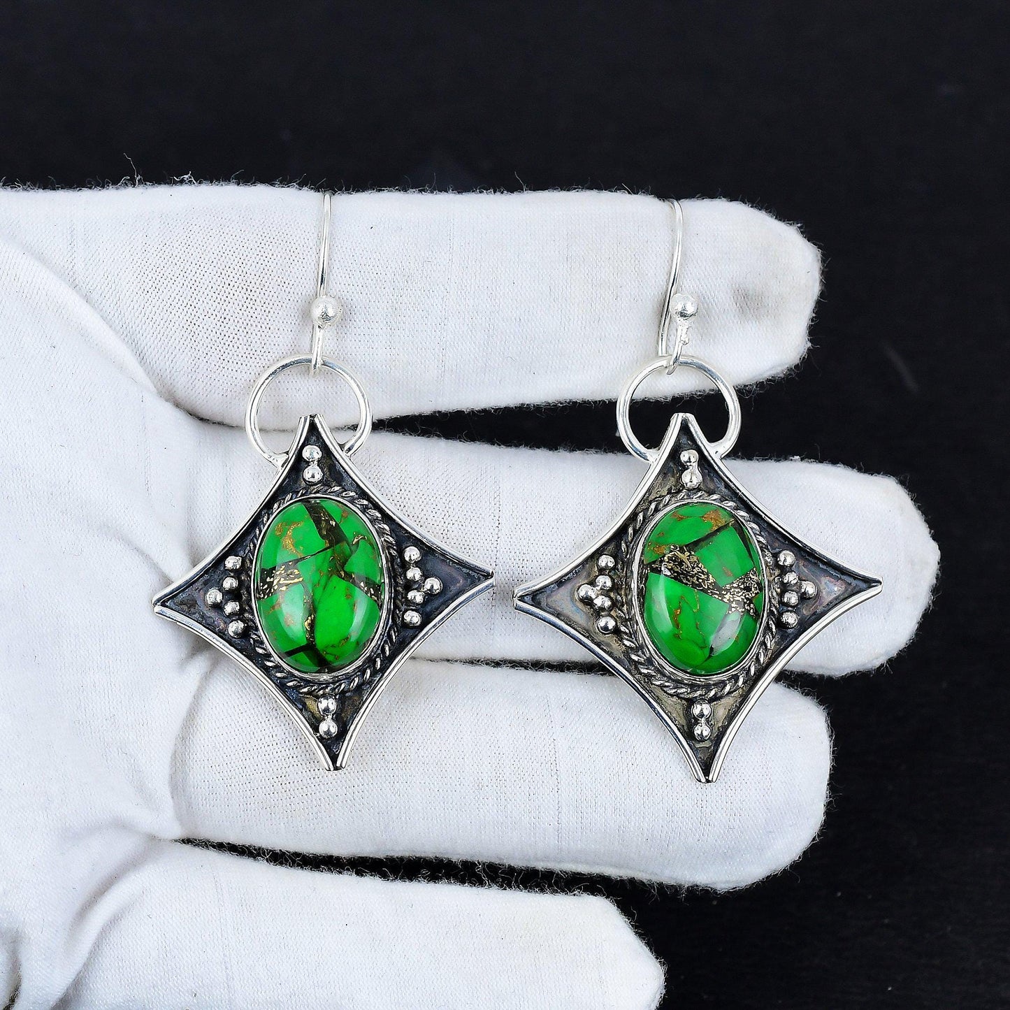 Green Copper Turquoise Gemstone Dangle Earrings