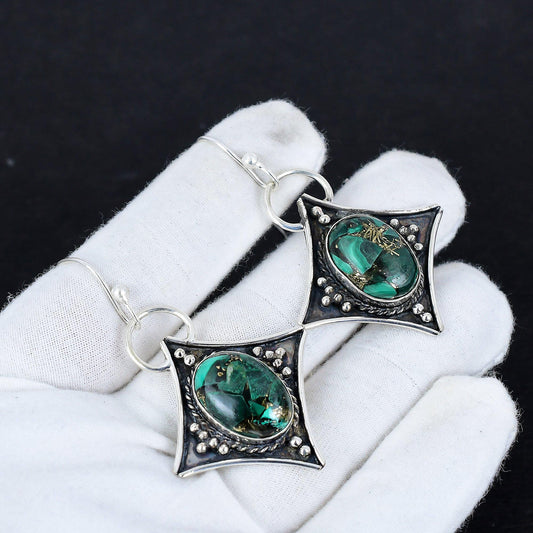 Green Malachite Gemstone Dangle Earrings
