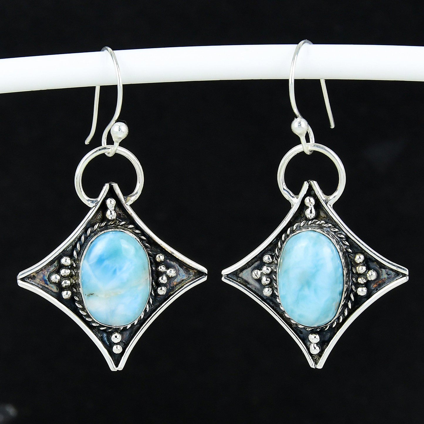 Blue Larimar Gemstone 925 Silver Dangle Earrings
