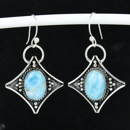 Blue Larimar Gemstone 925 Silver Dangle Earrings