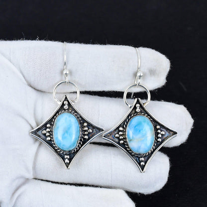 Blue Larimar Gemstone 925 Silver Dangle Earrings