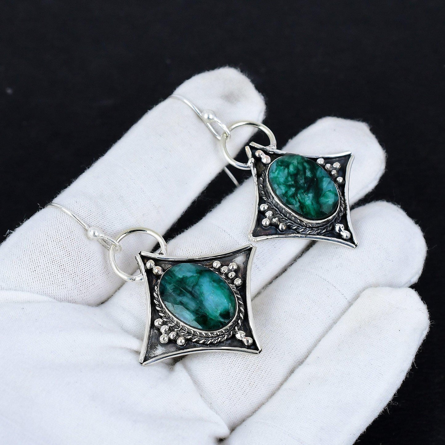 Emerald Green Gemstone Silver Dangle Earrings