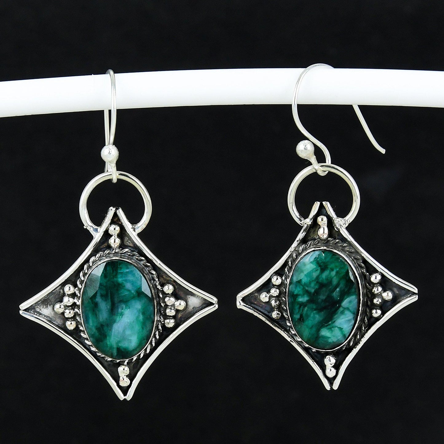 Emerald Green Gemstone Silver Dangle Earrings
