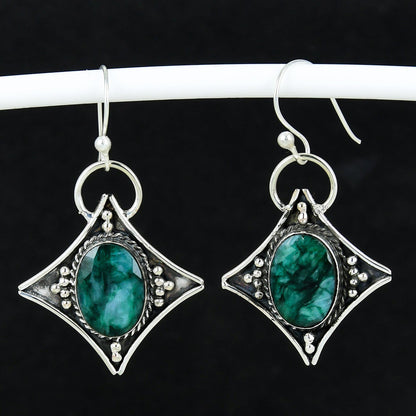 Emerald Green Gemstone Silver Dangle Earrings