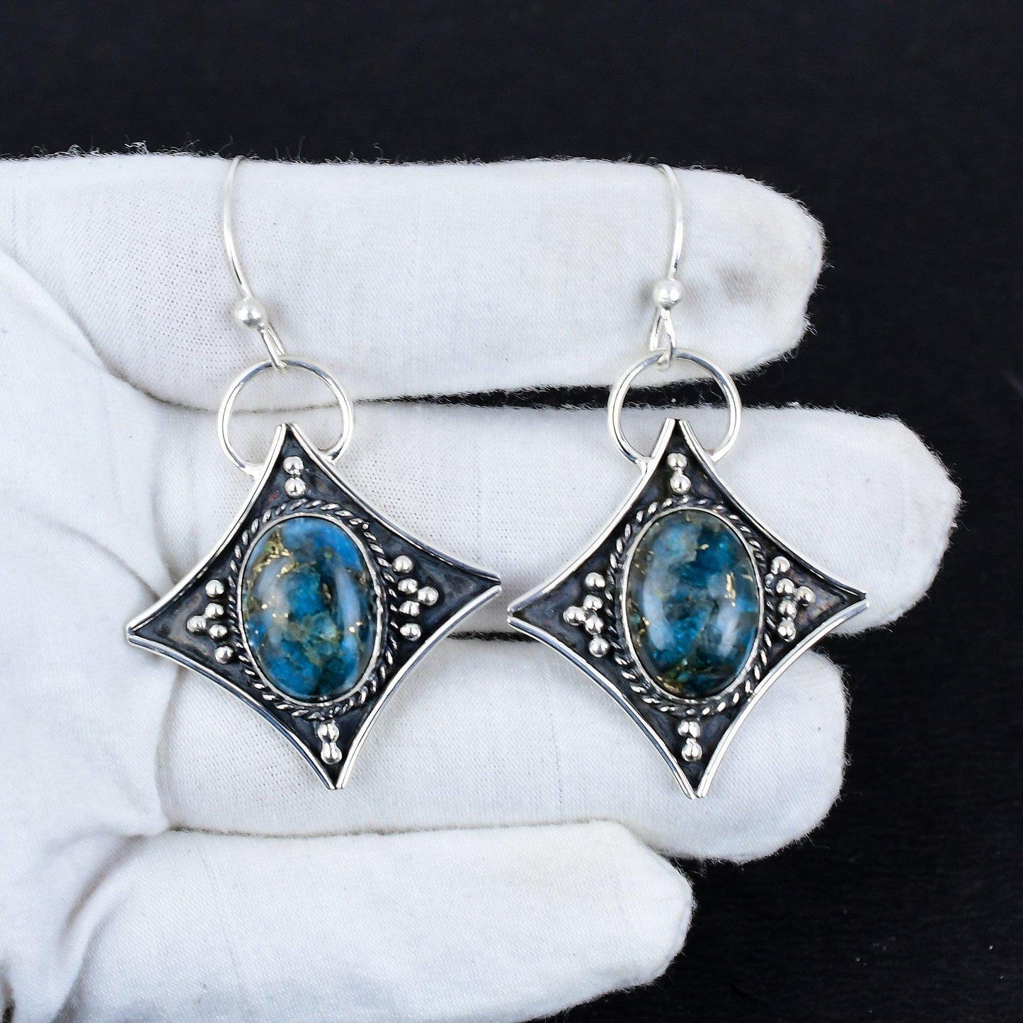 Blue Copper Apatite Gemstone Dangle Earrings