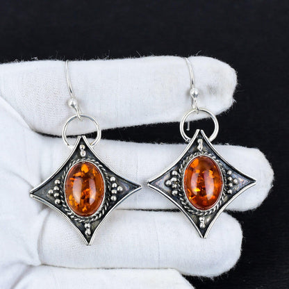 Amber Baltic Gemstone Silver Dangle Earrings