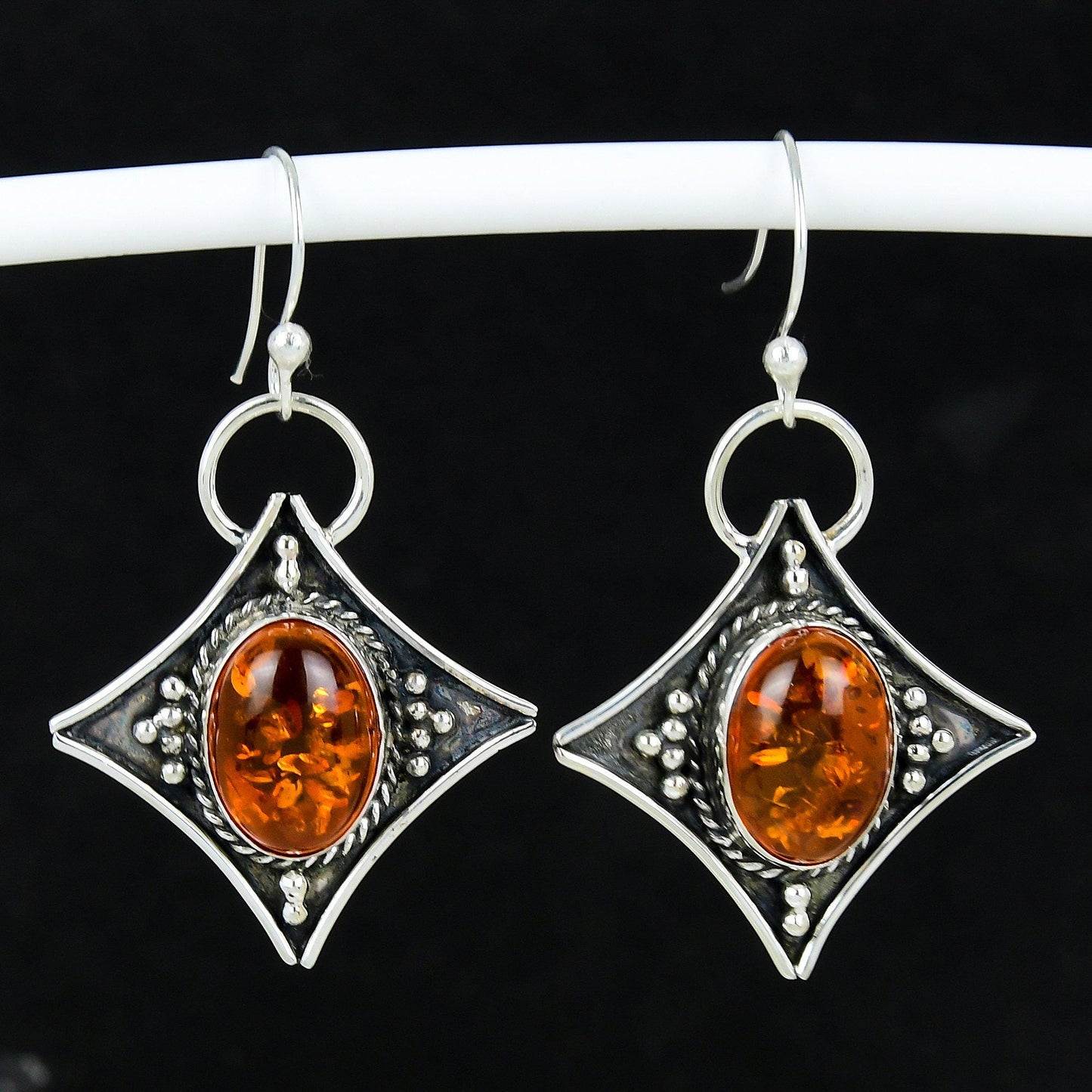 Amber Baltic Gemstone Silver Dangle Earrings