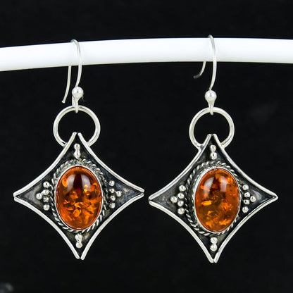Amber Baltic Gemstone Silver Dangle Earrings