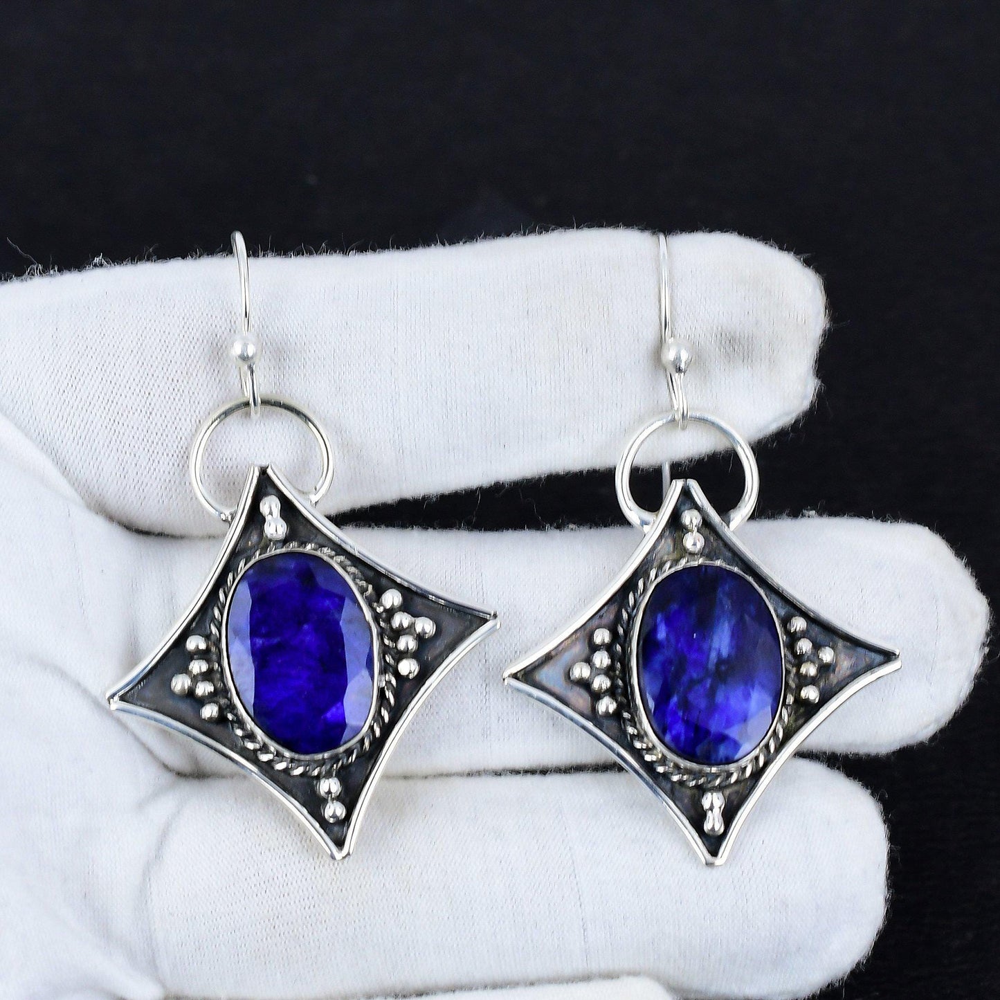 Blue Sapphire Gemstone Silver Dangle Earrings
