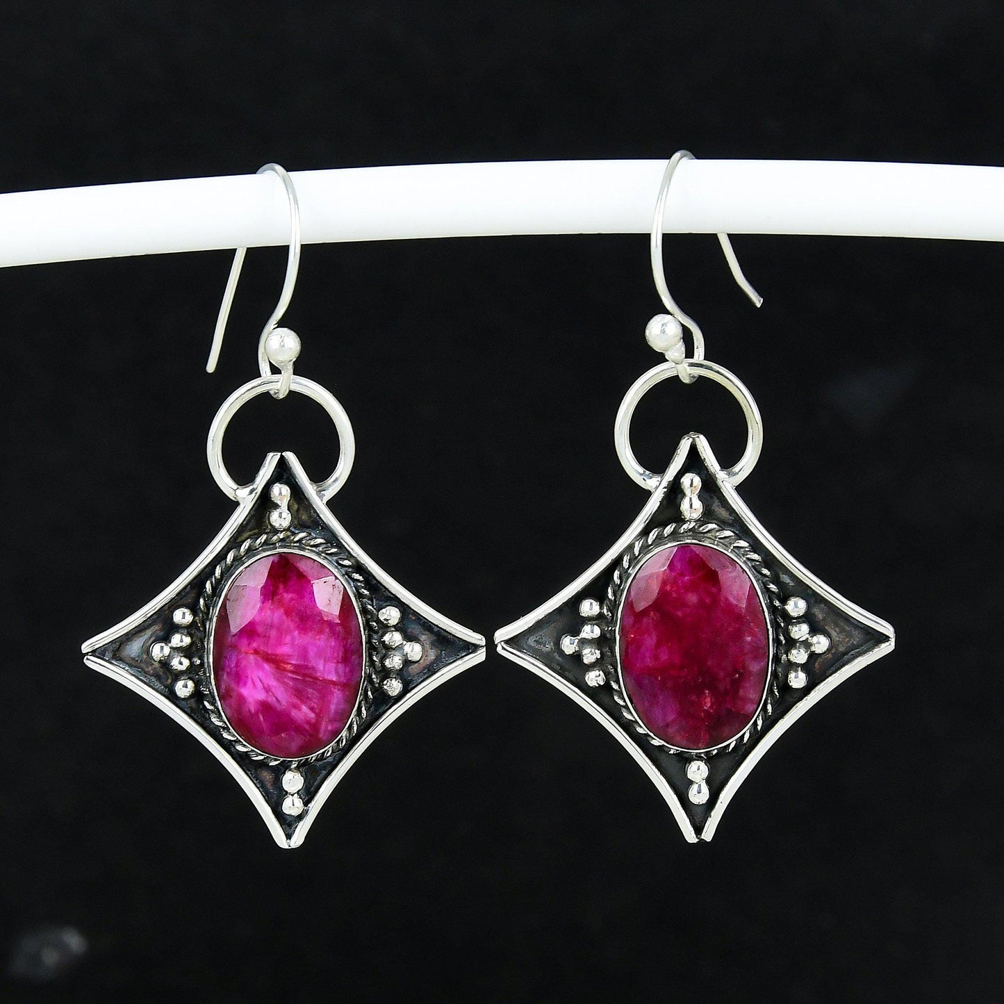 Red Ruby Gemstone Silver Dangle Earrings