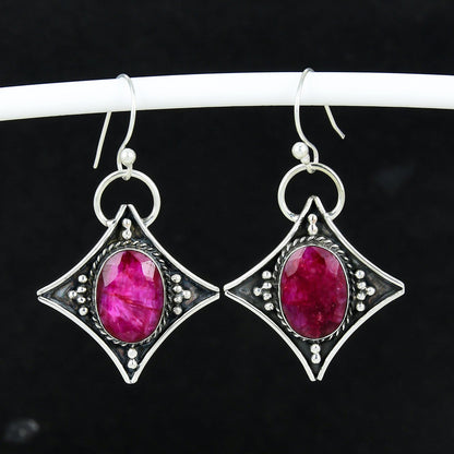 Red Ruby Gemstone Silver Dangle Earrings