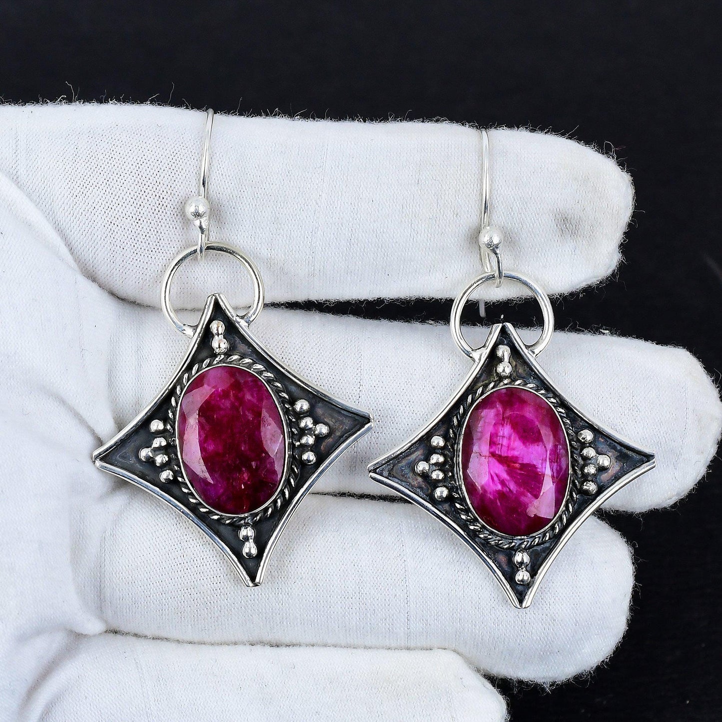 Red Ruby Gemstone Silver Dangle Earrings