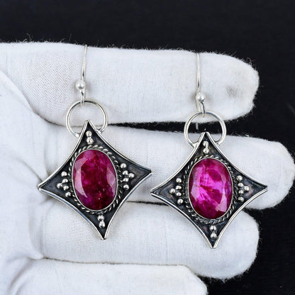 Red Ruby Gemstone Silver Dangle Earrings