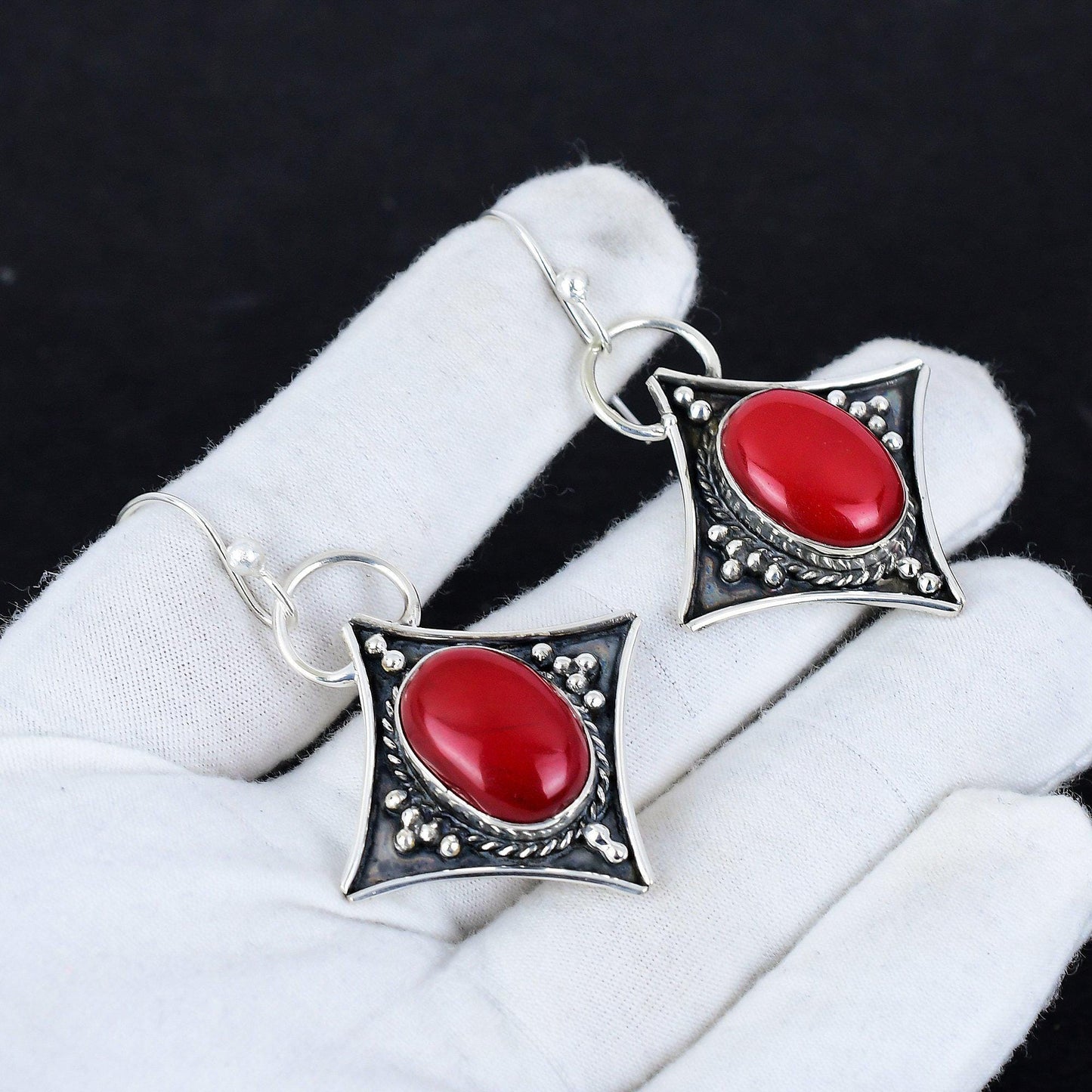 Red Coral Gemstone Dangle Earrings