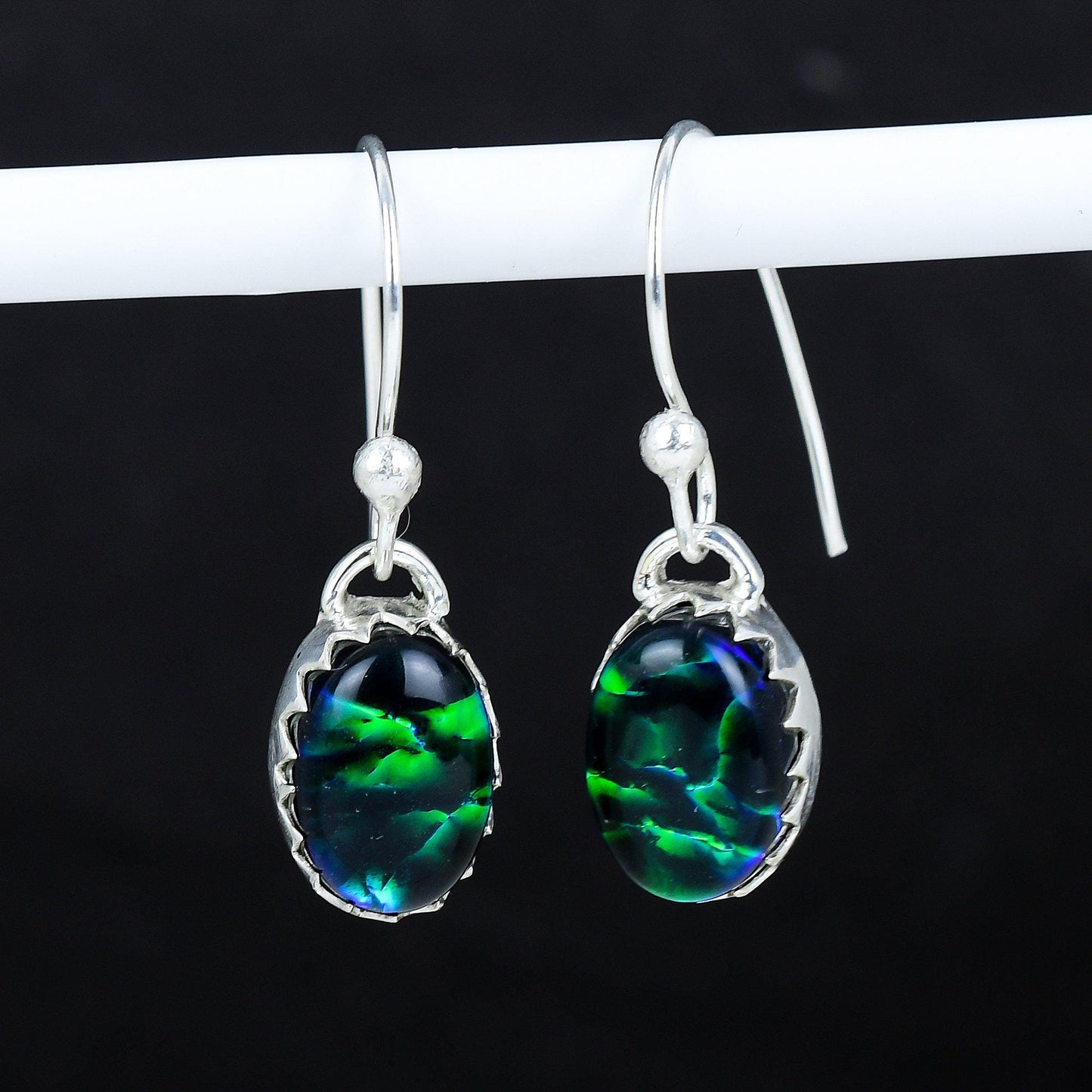 Blue Green Opal Gemstone Sterling Silver Earrings