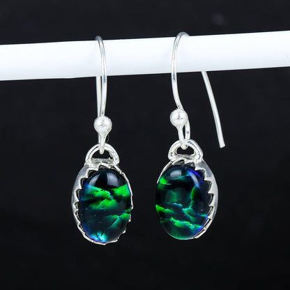 Blue Green Opal Gemstone Sterling Silver Earrings