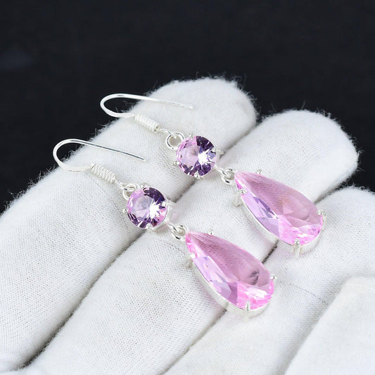 Pink Kunzite Silver Dangle Earrings