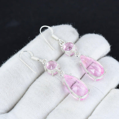 Pink Kunzite Silver Dangle Earrings