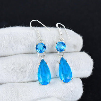Blue Topaz Gemstone Sterling Silver Dangle Earrings