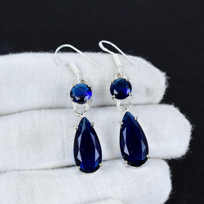 Blue Sapphire Gemstone Hook Earrings