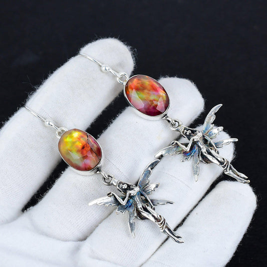 Rainbow Ammolite Sterling Silver Hook Earrings