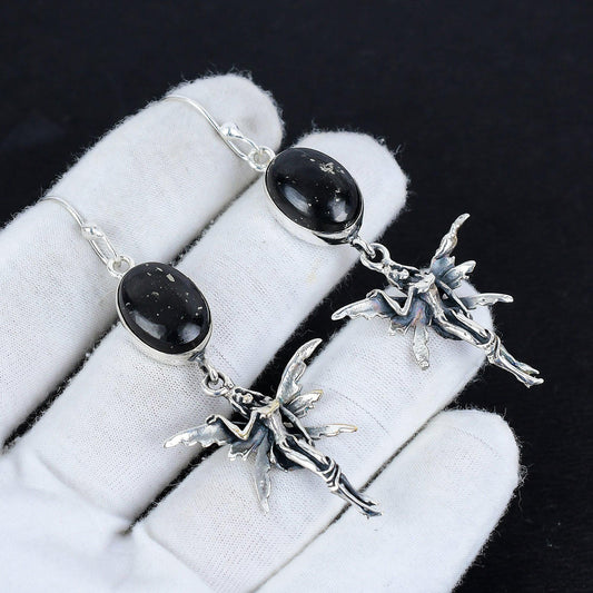 Black Gemstone Sterling Silver Hook Earrings