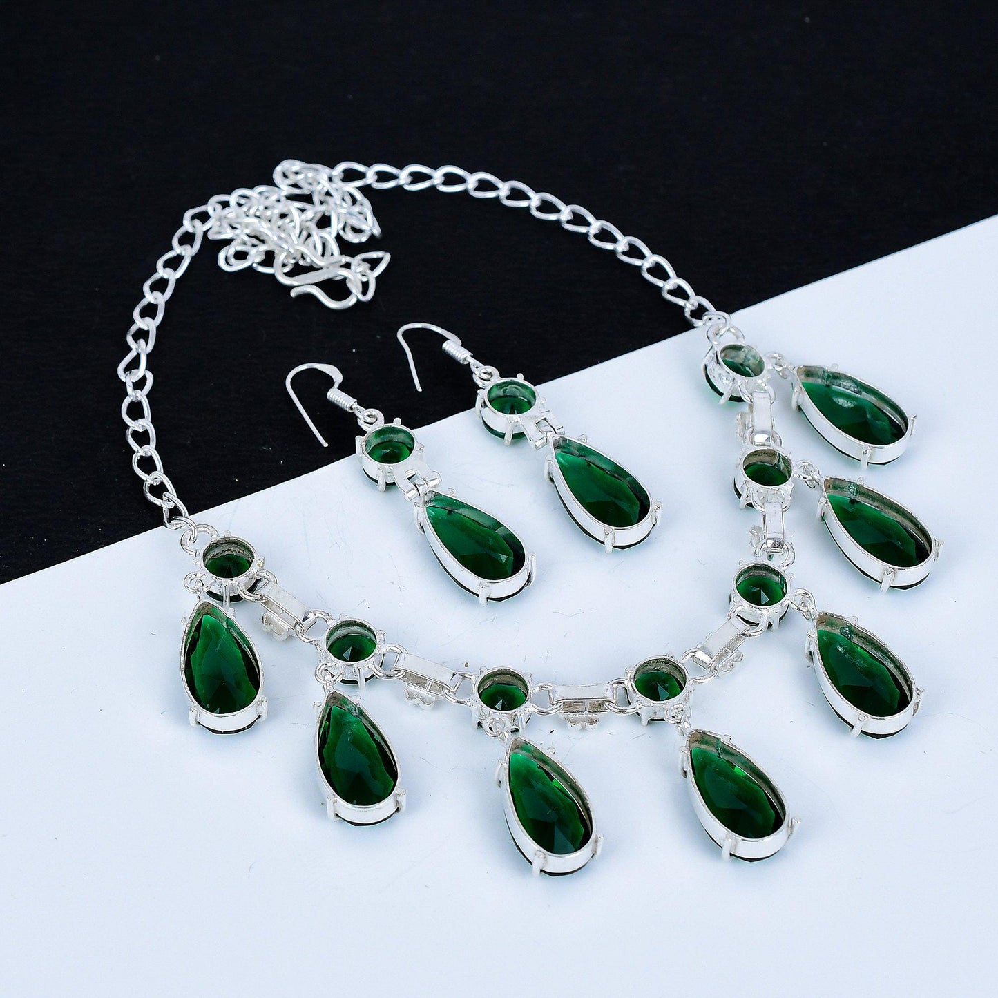 Green Tourmaline Sterling Silver Necklace & Earrings Set