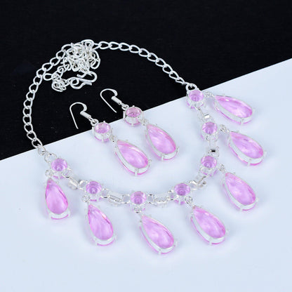 Pink Kunzite Gemstone Necklace & Silver Earrings Set
