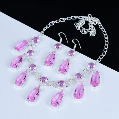 Pink Kunzite Gemstone Necklace & Silver Earrings Set