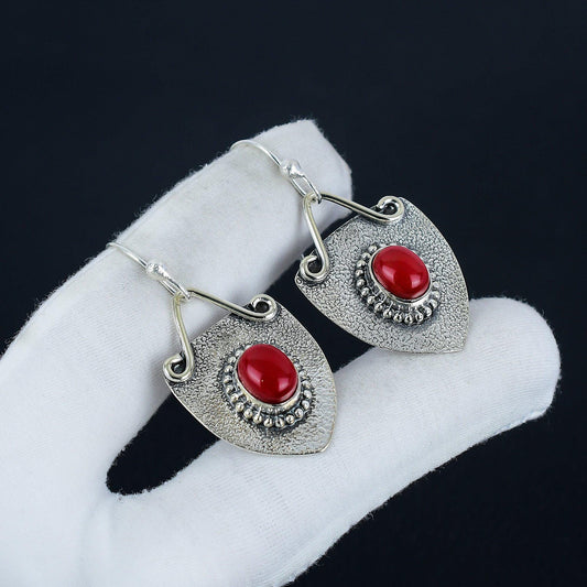 Red Coral Gemstone Dangle Earrings