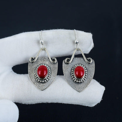 Red Coral Gemstone Dangle Earrings